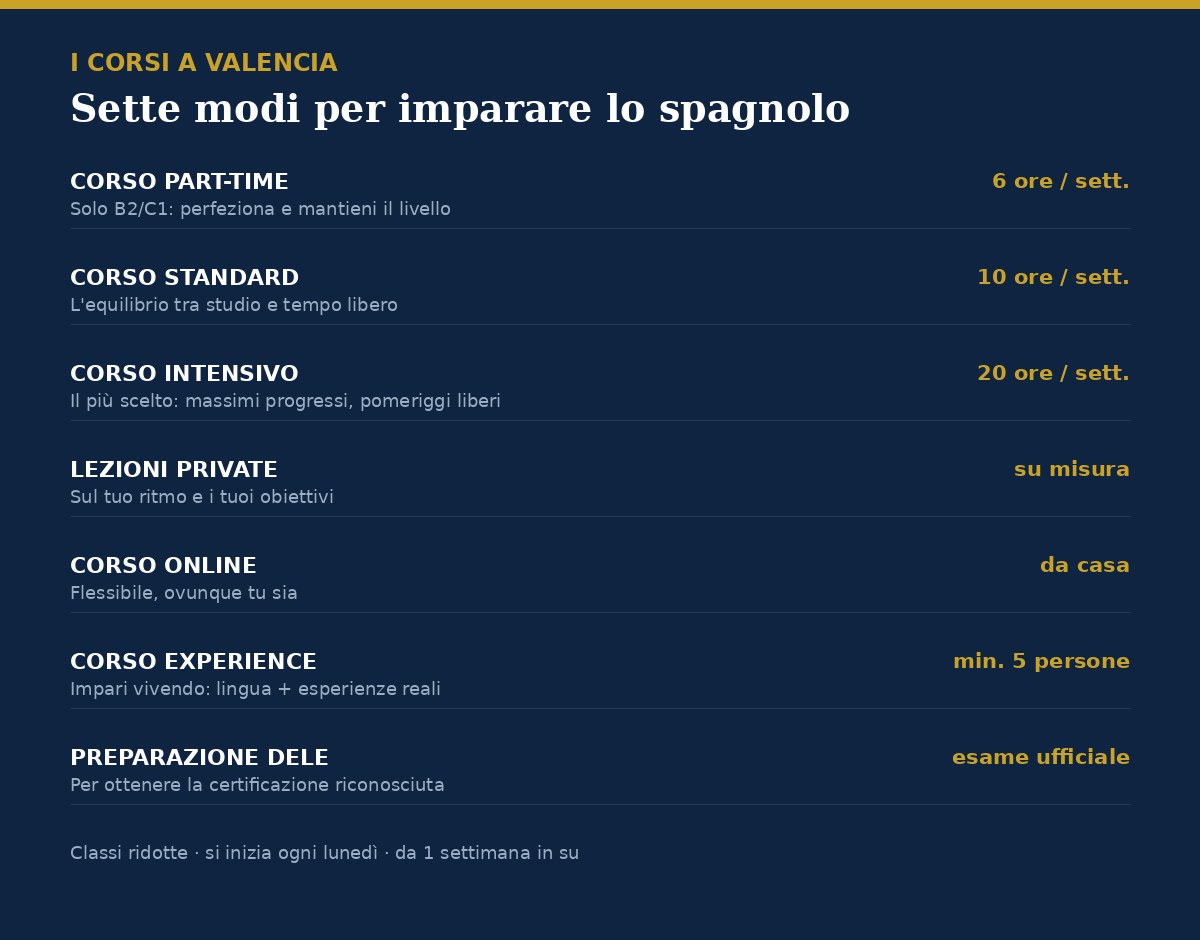 I sei corsi di spagnolo a Valencia: part-time, standard, intensivo, lezioni private, online ed Experience