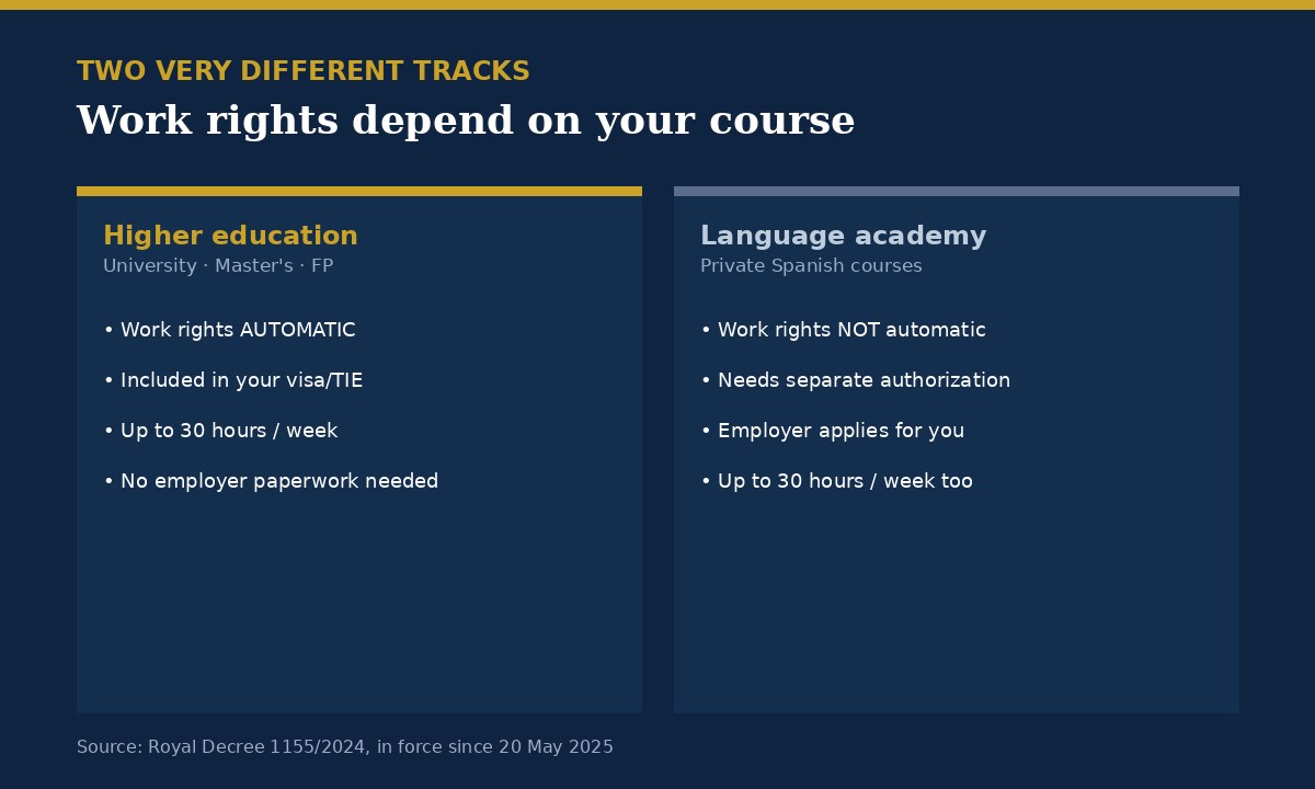 Two tracks for student visa work rights in Spain: higher education students get automatic authorization, language academy students need separate authorization